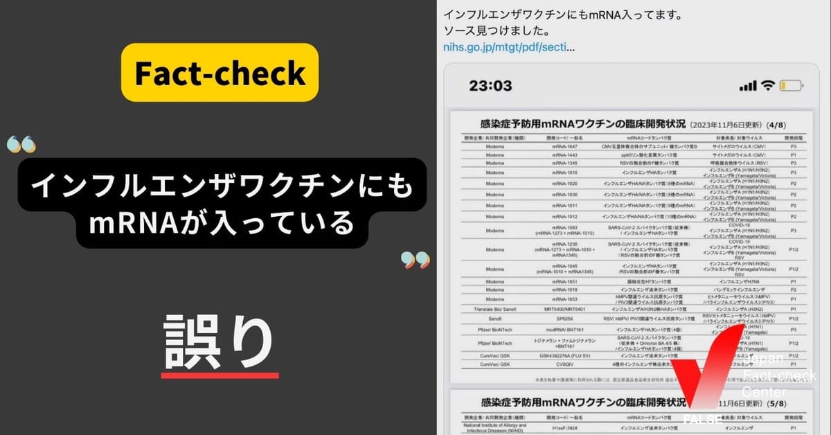 「インフルエンザワクチンにもmRNAが含まれている」は誤り　現在は臨床試験中【ファクトチェック】