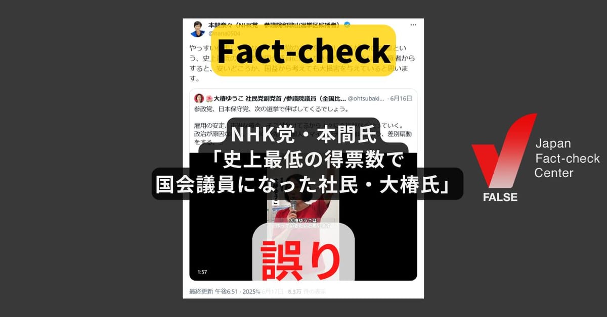 NHK党・本間氏「史上最低の得票数で国会議員になった社民・大椿氏」? 票数に誤り、最低でもない【#参院選ファクトチェック】