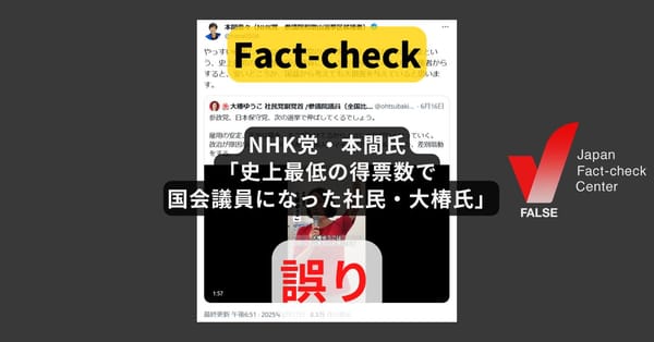 NHK党・本間氏「史上最低の得票数で国会議員になった社民・大椿氏」? 票数に誤り、最低でもない【#参院選ファクトチェック】